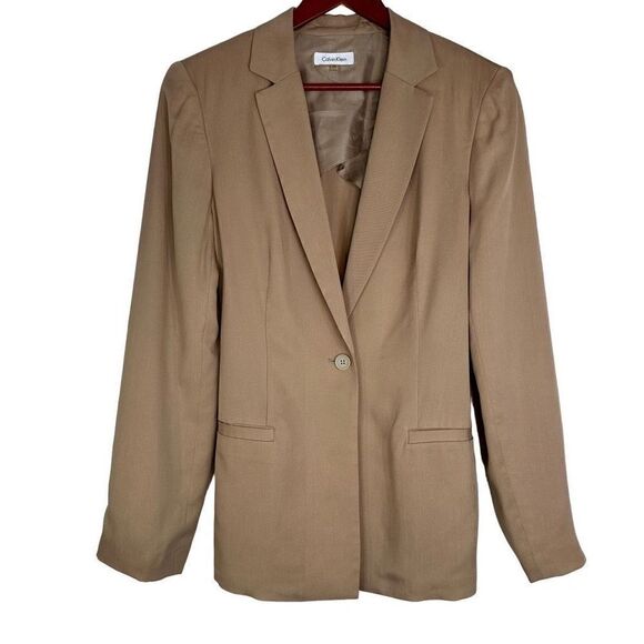 Calvin Klein Womens Tencel Khaki Blazer Jacket Size 14 Preppy Modern Career - Picture 1 of 10